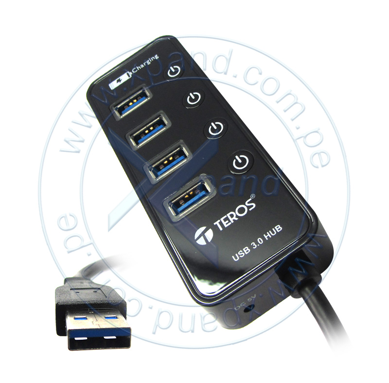 Imagen: Hub USB Teros TE-362, USB 3.0, 4 puertos, 1 puerto de carga, negro.
