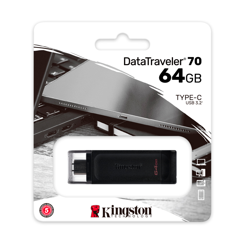 Imagen: Memoria Flash USB Kingston DataTraveler 70, 64GB, USB-C 3.2 Gen1, presentacin en colgador