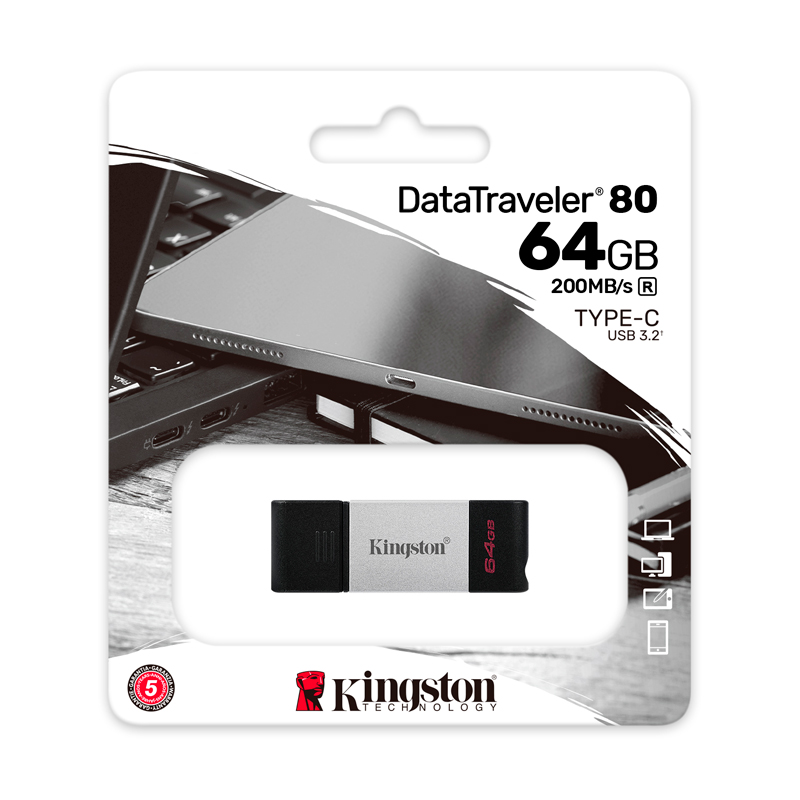 Imagen: Memoria Flash USB Kingston DataTraveler 80, 64GB, USB-C 3.2 Gen1, presentacin en colgador
