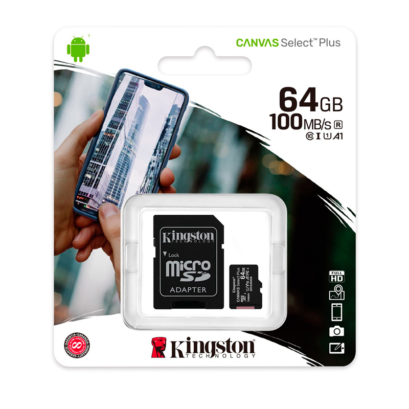 Imagen: Memoria micro-SD Kingston Canvas Select, 64GB, UHS-I Speed Class 1 (U1), con Adaptador SD
