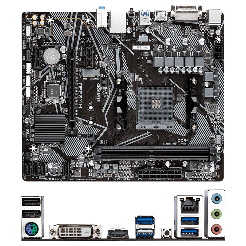 Imagen: Motherboard Gigabyte A520M H (rev. 1.x), AMD A520, AM4, DDR4, LAN, Audio HD, DVI-D, HDMI