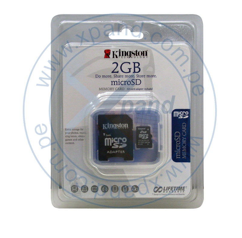Imagen: Memoria Flash microSD Kingston, 2GB, con adaptador SD, presentacin en colgador.
