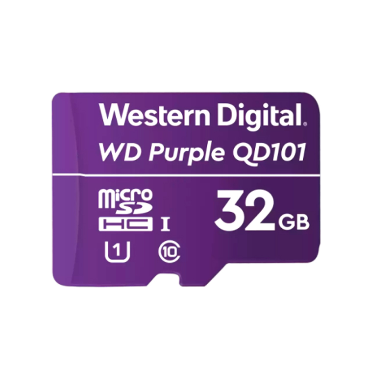 Imagen: Memoria Flash WD Purple 32GB SC QD101 microSD, ideal para Camaras de videovigilancia.