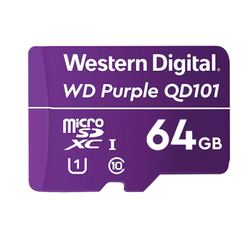 Imagen: Memoria Flash WD Purple 64GB SC QD101 microSD, ideal para Camaras de videovigilancia.