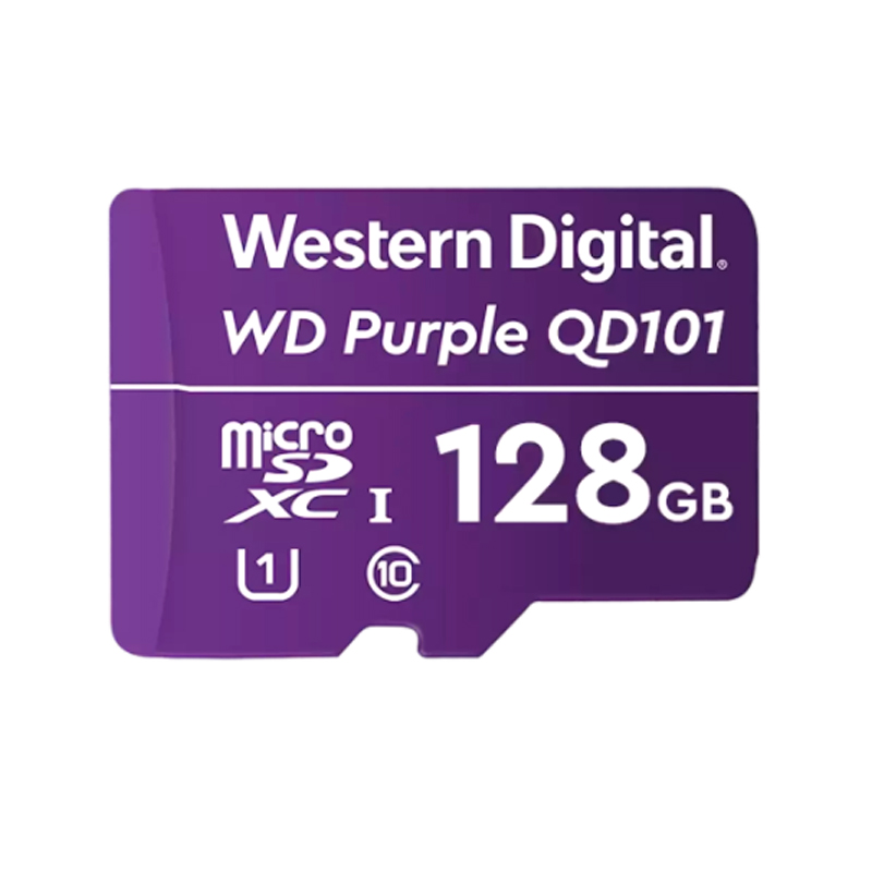 Imagen: Memoria Flash WD Purple 128GB SC QD101 microSD, ideal para Camaras de videovigilancia.