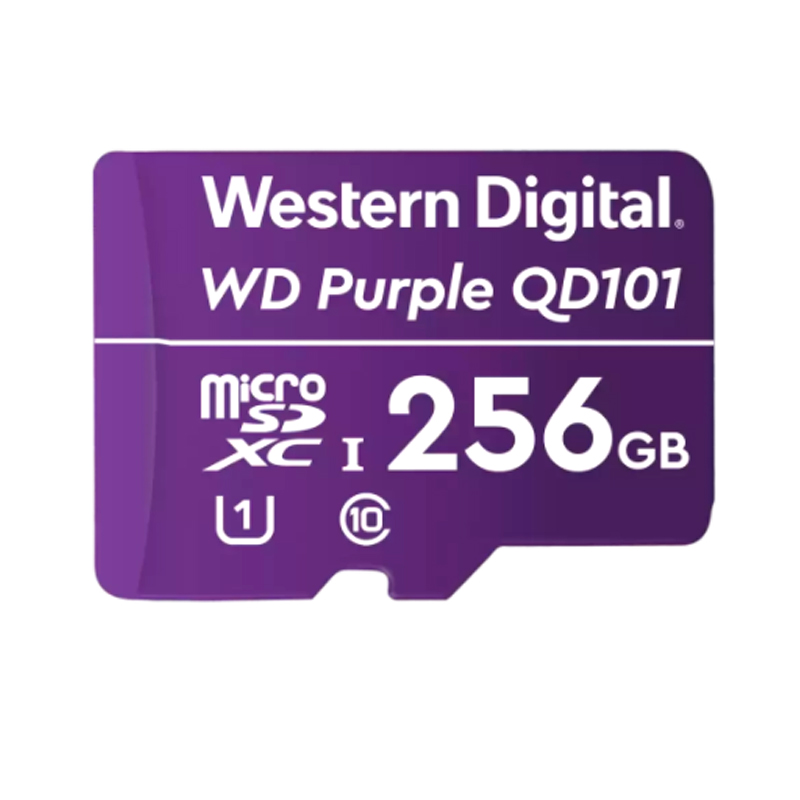 Imagen: Memoria Flash WD Purple 256GB SC QD101 microSD, ideal para Camaras de videovigilancia.
