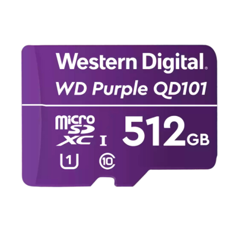 Imagen: Memoria Flash WD Purple 512GB SC QD101 microSD, ideal para Camaras de videovigilancia.