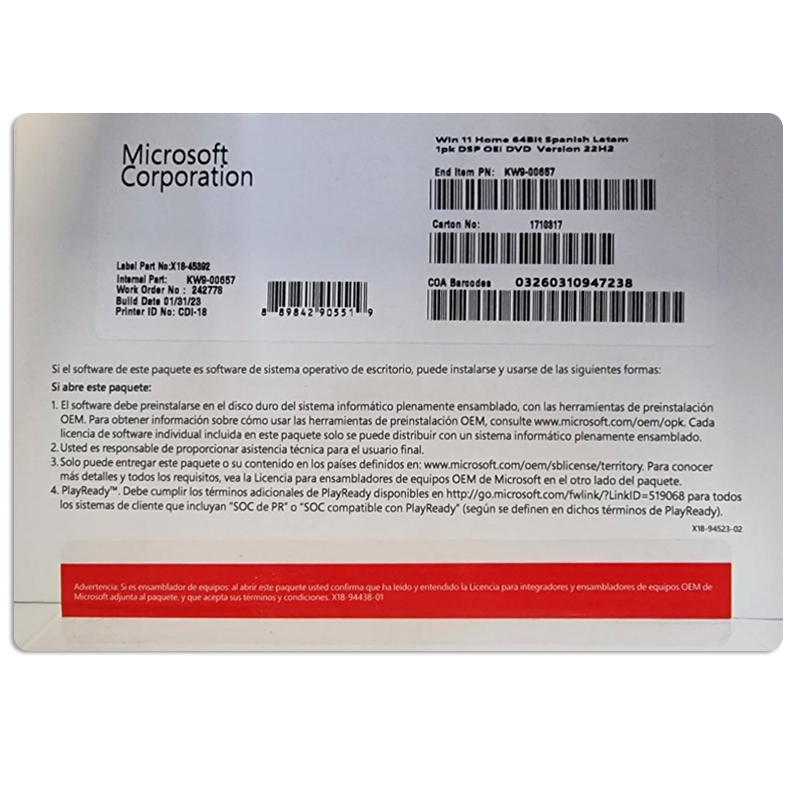 Imagen: Sistema Operativo Microsoft Windows Home 11, 64 bits, espaol, 1pk, DSP OEM DVD.