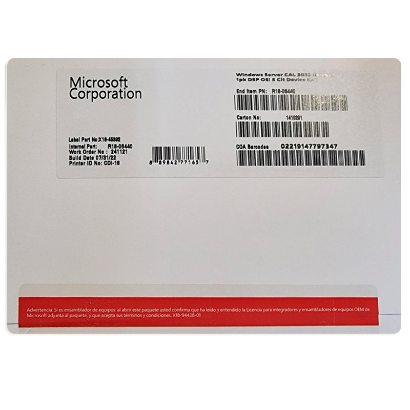Imagen: Microsoft Windows Server CAL 2022 Spanish 1pk DSP OEI 5 Clt Device CAL (R18-06440)