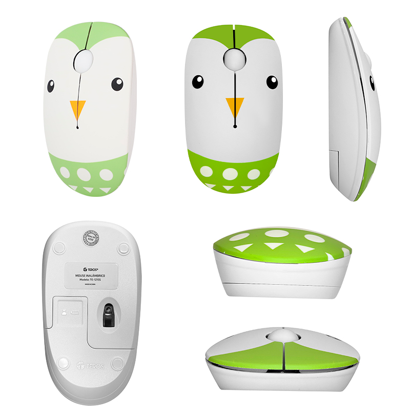 Imagen: Mouse ptico inalmbrico Teros TE-1215S, color blanco y verde, 1000 dpi, receptor USB.