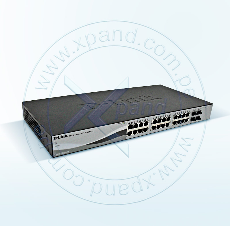 Imagen: Switch Web Smart D-LINK DGS-1210-28, 24 RJ-45 LAN GbE, y 4 puertos SFP, autovoltaje.