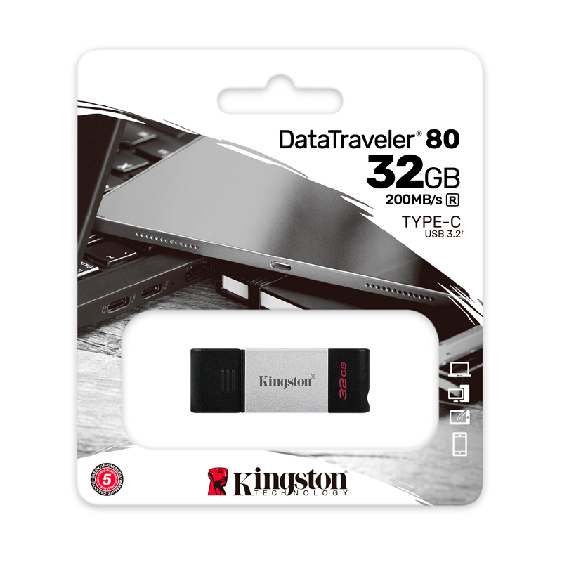 MEMORIA USB KINGSTON DATATRAVELER 80, 32GB, USB TIPO-C, 200MB/S - P/N: DT80/32GB
